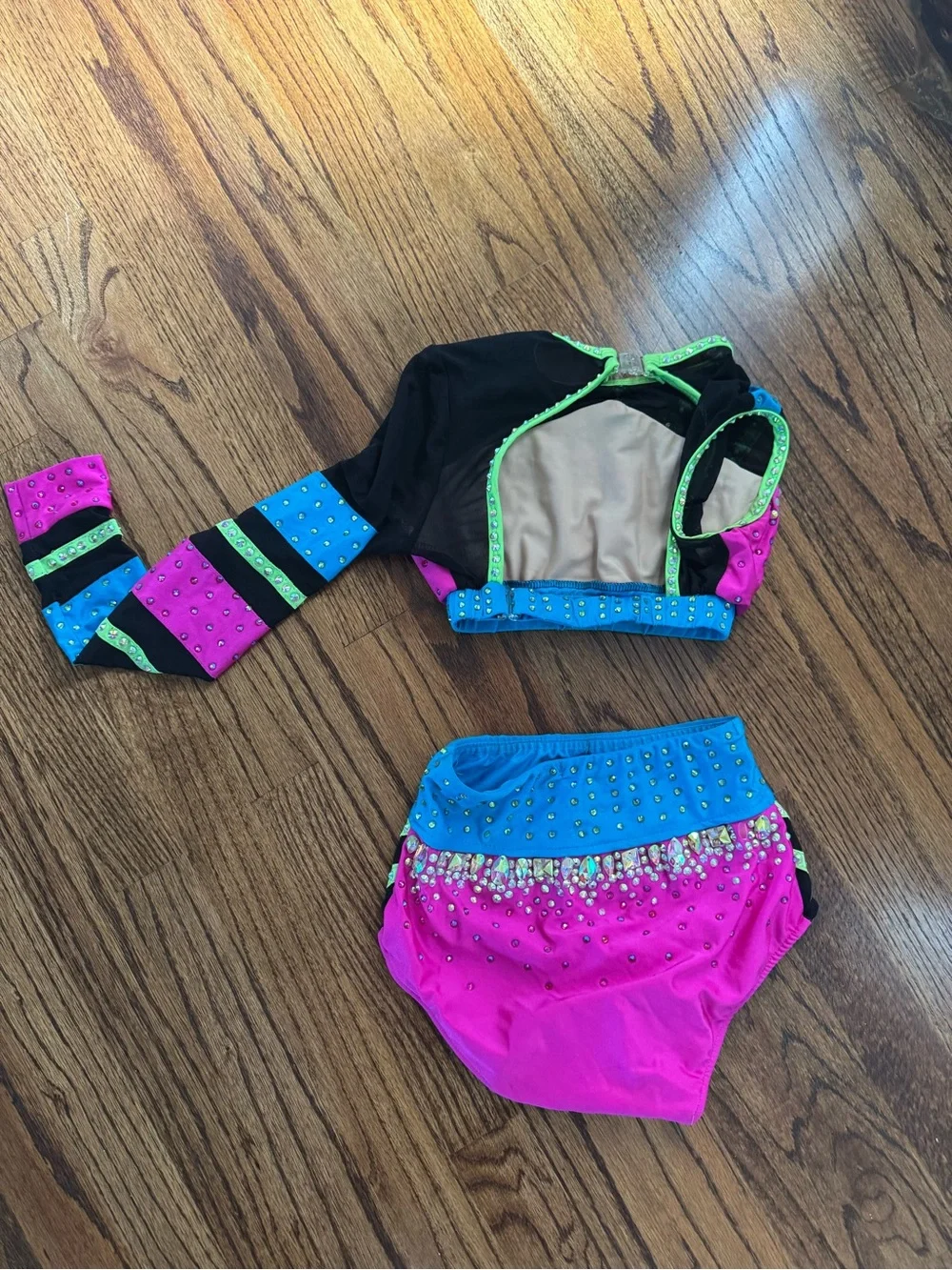 Girls Neon Pink & Blue Dance Costume Set with Accent Green